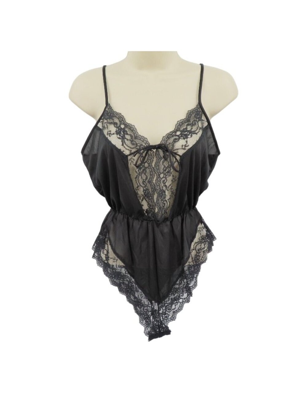 VTG Ms Leslee Small Black Lace Trim Spaghetti Strap Front Tie Playsuit One Piece